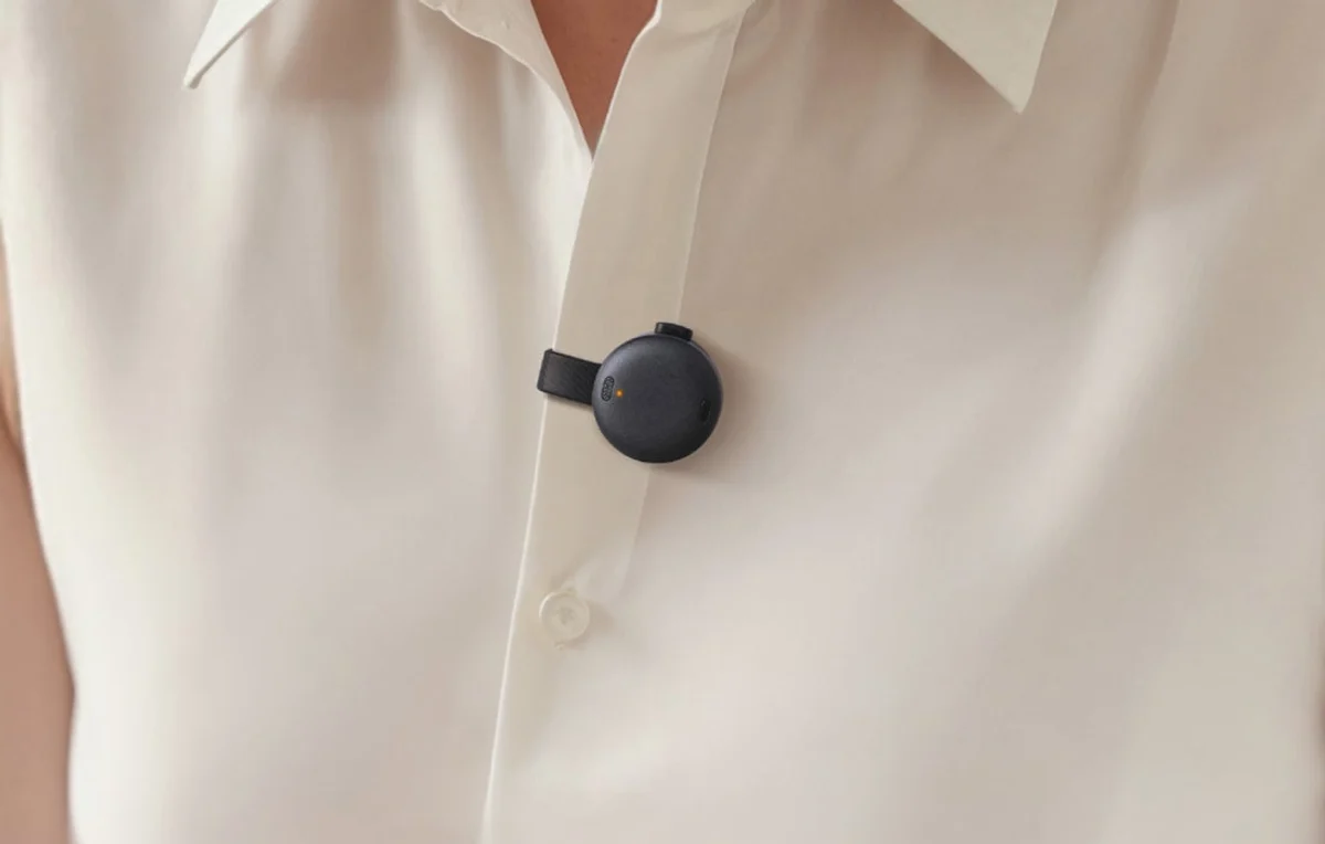 soundcore Work recorder clipped to a white shirt