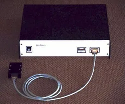 BioControl BioMuse (1990 system) - Original BioMuse rack processor, cable and eight-channel belt breakout. Photograph published by performer Atau Tanaka in his firsthand hardware account.