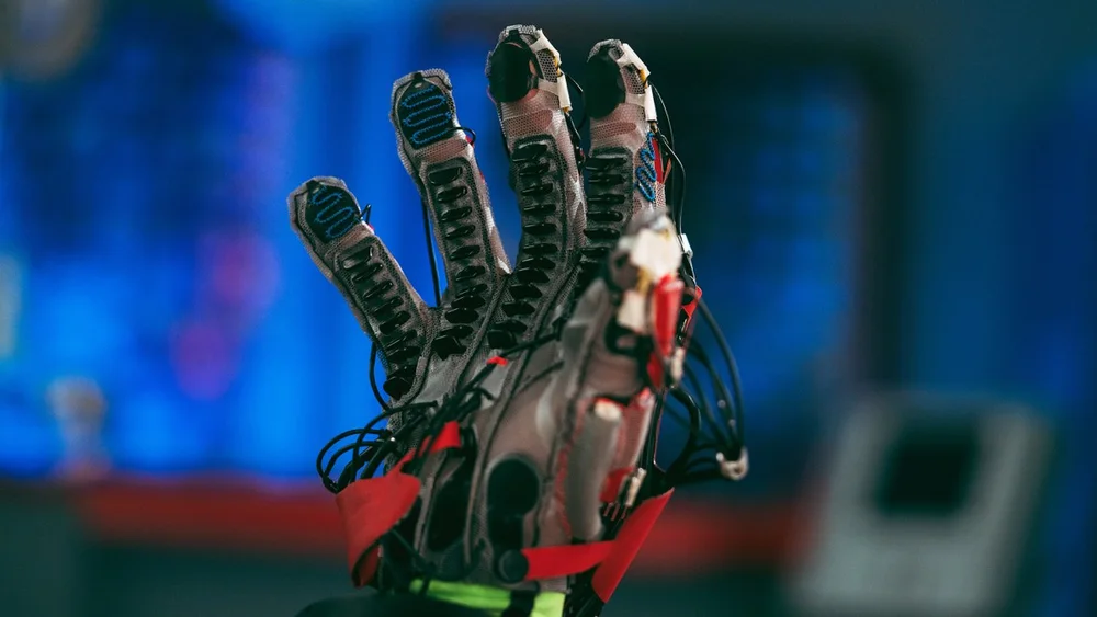 Reality Labs haptic glove prototype (2021) - Physical2021 Reality Labs haptic glove research apparatus. Photograph: Meta Reality Labs.