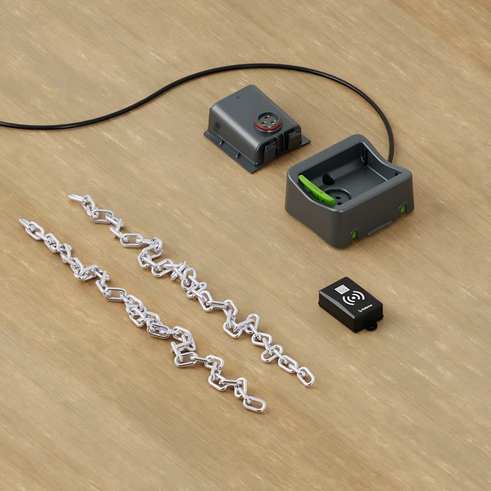 Nofence Sheep/Goat Collar - Nofence manufacturer tabletop photograph of the physical sheep/goat collar, battery and accessories.